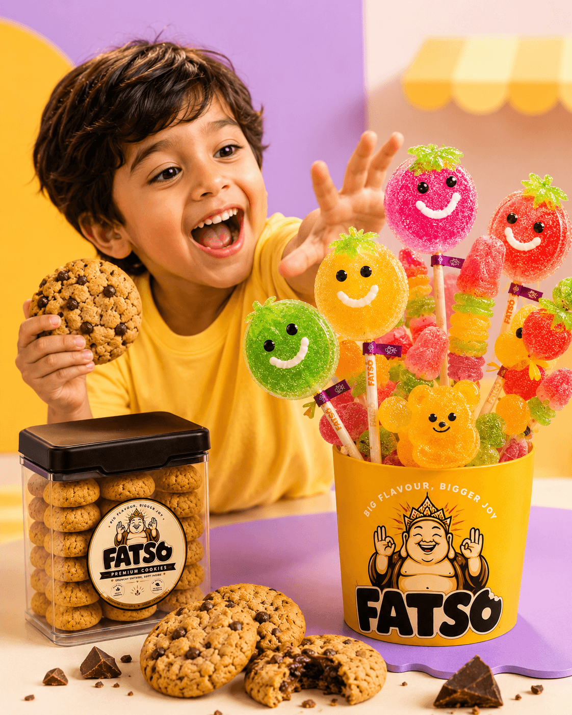 Child smiling beside colourful FatSo sweets