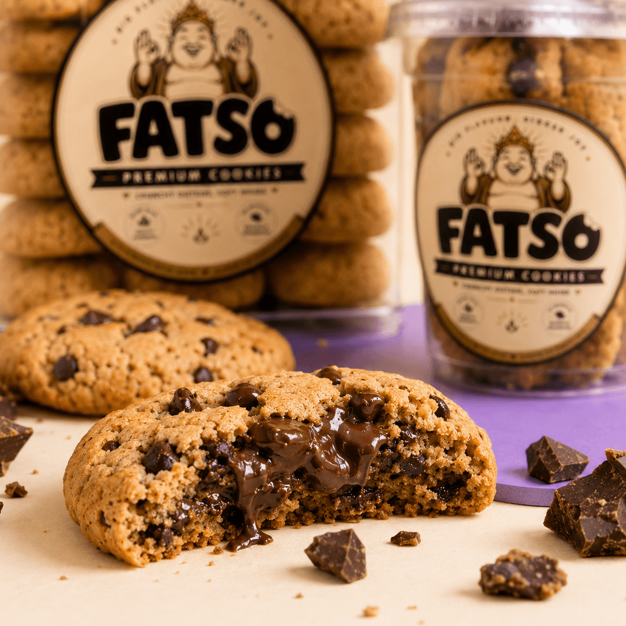 Broken FatSo cookie with a gooey chocolate middle