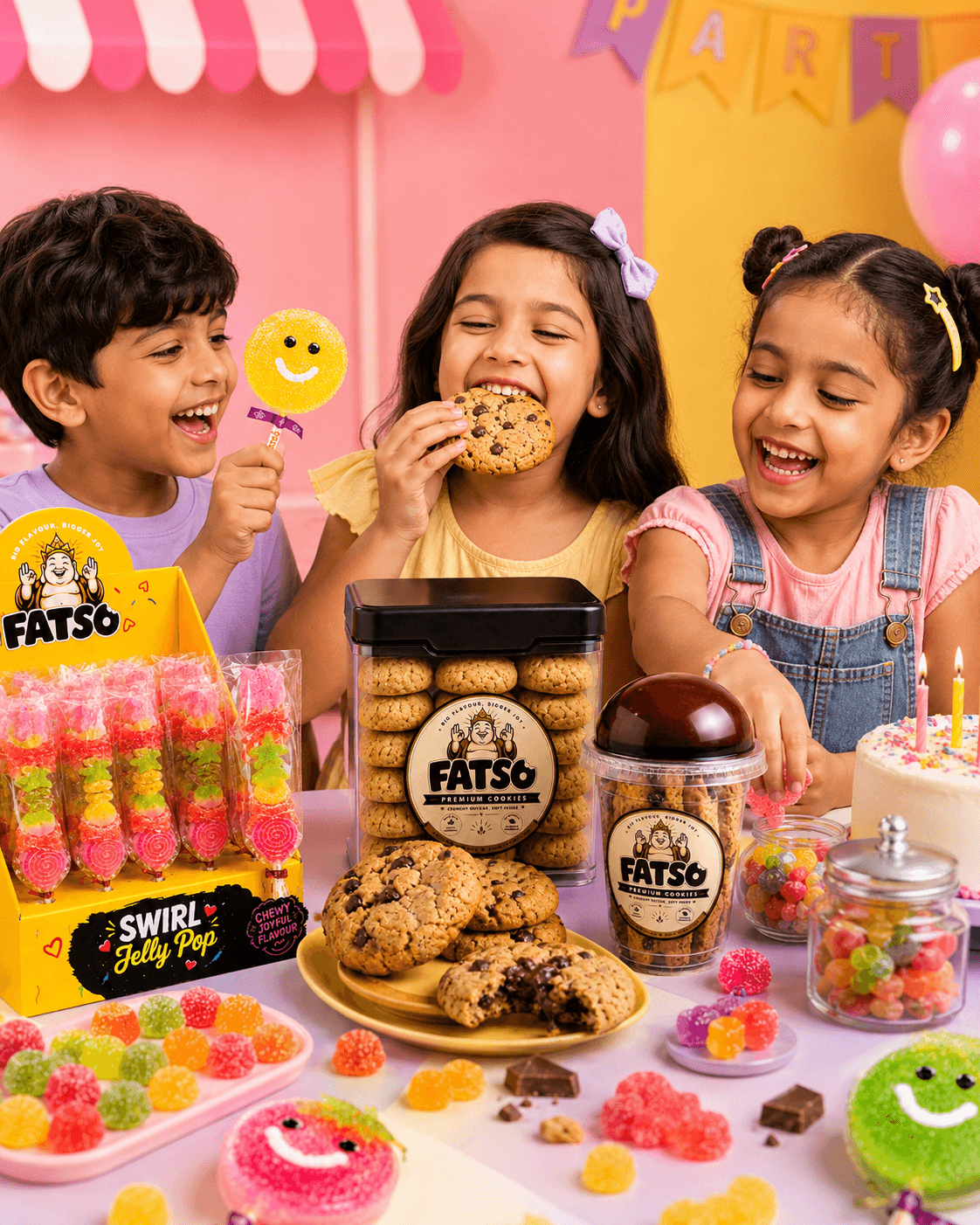 Friends sharing FatSo sweets at a colourful party table