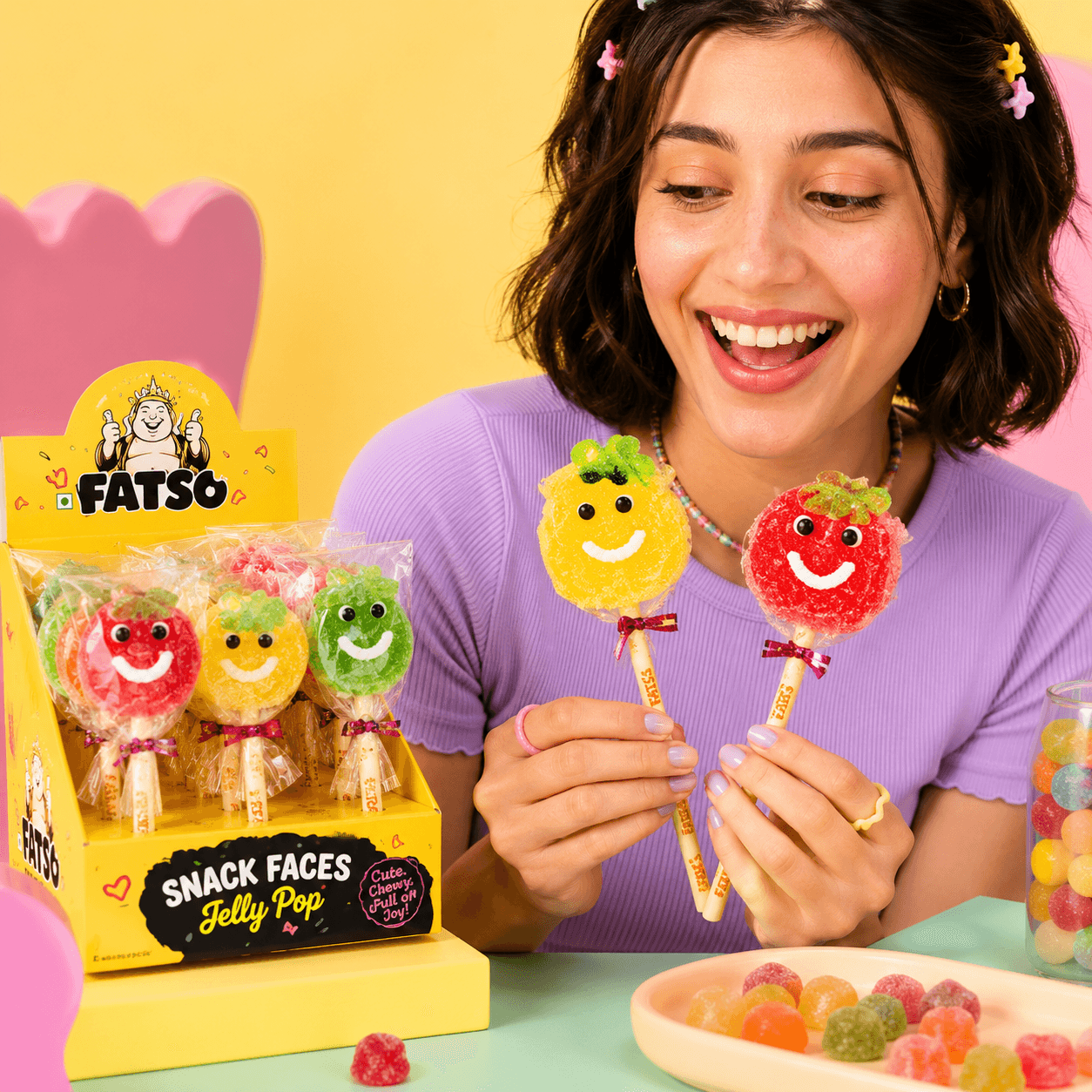 Woman holding bright Fatso smiley jelly sweets in a playful scene