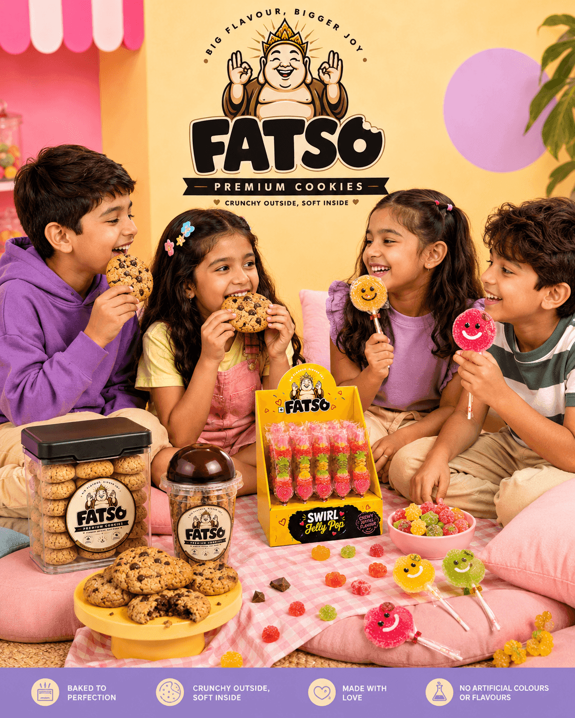 Colourful Fatso sweet hamper spread with cookies, jellies and lollipops