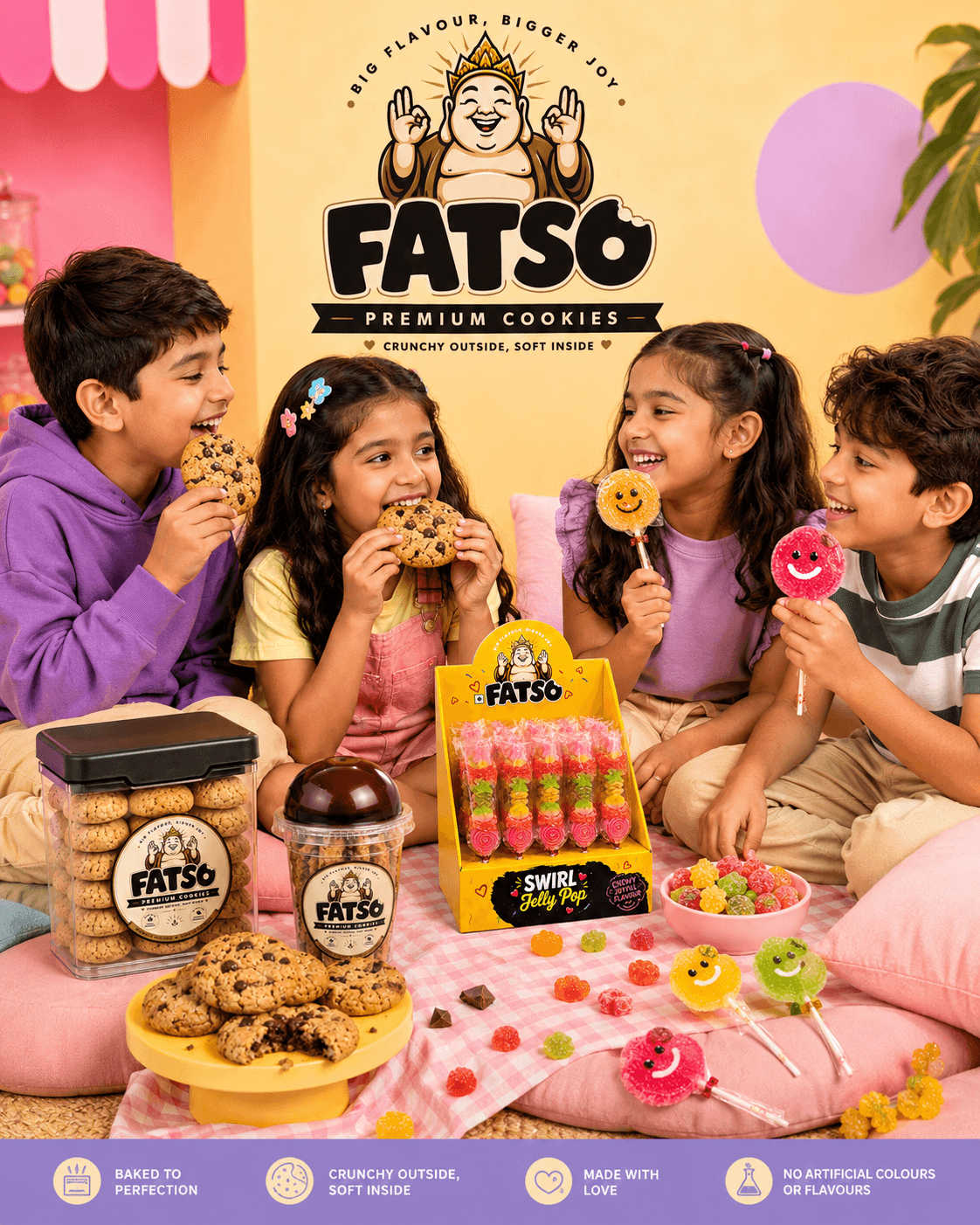Family-style Fatso sweets display with lollipops, cookies, and jellies