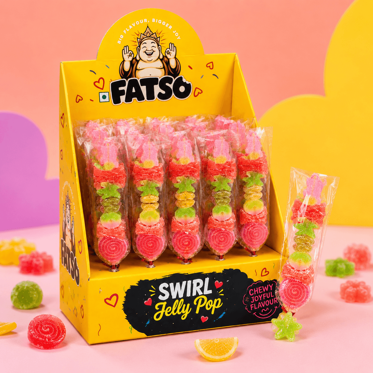 FatSo Jelly Pops box with colourful jelly candy sticks